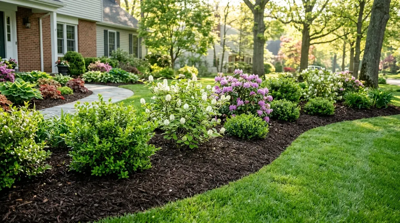 Mulch at proper depth in a New Jersey planting bed
